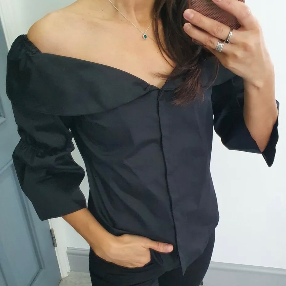 Zara Off Shoulder Button Up 3/4 Sleeve Black Shirt Size M - Picture 1 of 11